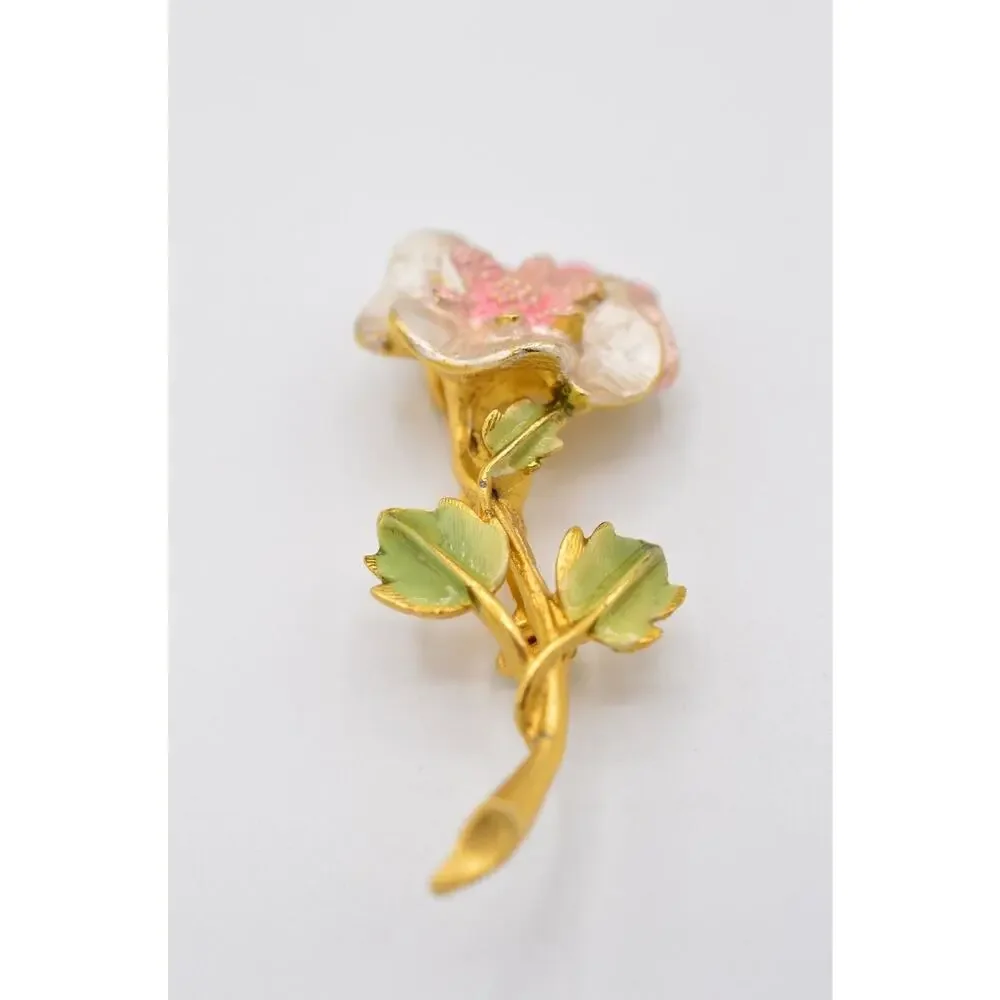 Vintage Flower Pin Brooch Brushed Gold Pastel Blush Pink Enamel Rose 1980s 9B